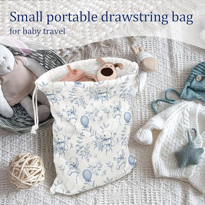 DSHFG Light Blue Bear Birthday Drawstring Gift Wrap Bags, Chinoiserie Animals Baby Shower Drawstring Gift Bags Canvas, Cute Bear Blue and White Small Happy Birthday Bag, 10x13 Inch
