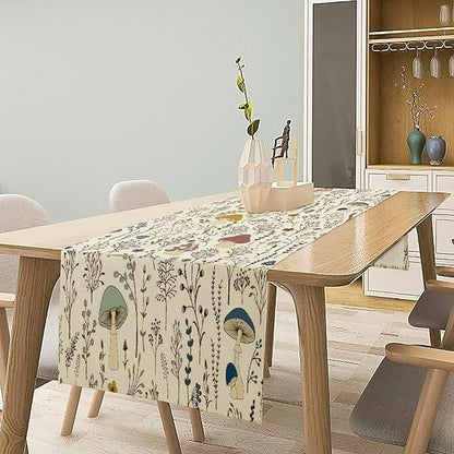 Mushroom Table Runner,Colorful Wild Plants and Fungus Botanical Plants Pattern Print Burlap for Hotel Indoors Outdoor Dining Room Kitchen Holiday Party, 13x90in