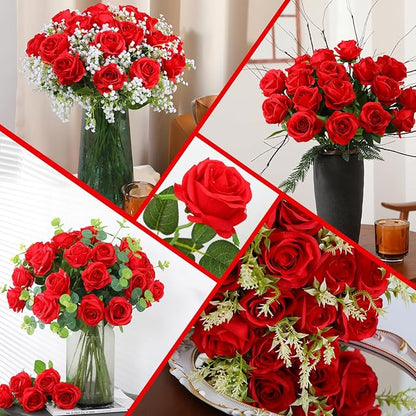 50PCS Artificial Silk Roses Flowers – Realistic Fake Roses in Bulk & Bouquet Long Stem Red Rose for Wedding Centerpieces, Home Decor, Floral Arrangements, Party Decoration (Red)