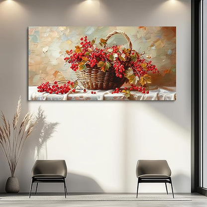 hyidecorart Large Canvas Print Wall Art Rustic Dining Room Artwork For Walls Still Life Bamboo Basket And Fruit Vintage Wall Decor Pictures For Living Room Farmhouse Kitchen Bar Office Posters 30x60