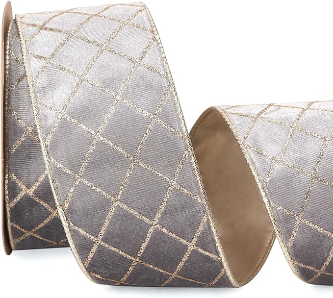Ribbli Silver Velvet Ribbon Wired with Glitter Diamond Grid 2-1/2 Inch Christmas Ribbon for Christmas Tree Decoration Big Bow Gift Wrapping Crafts Wreaths Garland Supplies - 10 Yards