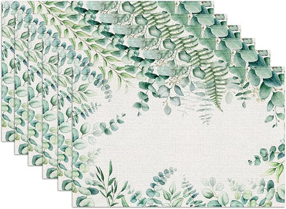 Eucalyptus Leaves Placemats Set of 6, Sage Green Linen Place Mat Washable Stain Resistant Table Mats for Farmhouse Kitchen Dining Party Wedding Decor 12x18 Inch