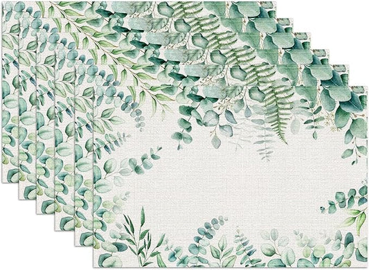 Eucalyptus Leaves Placemats Set of 6, Sage Green Linen Place Mat Washable Stain Resistant Table Mats for Farmhouse Kitchen Dining Party Wedding Decor 12x18 Inch