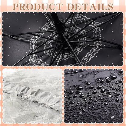 Princess Lace Parasol Folding Gothic Lolita Umbrella Lace Parasol Gloves Fan Set Flower Printed Lining for Cute UV Sun Protection Umbrella for Christmas Wedding Cosplay Photoshoot Decoration