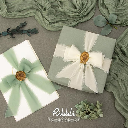 Ribbli Chiffon 1.5 Inch x 30 Yard Handmade Silk Ribbon - Ivory/Sage Green/Dusty Blue Fringe for Wedding Invitations, Bridal Bouquets, Wrapping, Flower Arrangement Decoration