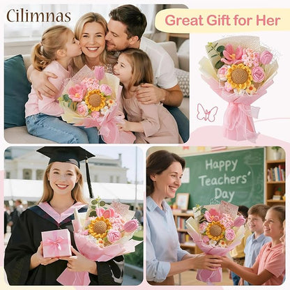 Cilimnas Crochet Flower Bouquet,Pink Knitted Flowers, Handmade Sunflowers Tulips Roses Bouquet for Birthday Anniversary Party Mother's Day Graduation Gifts