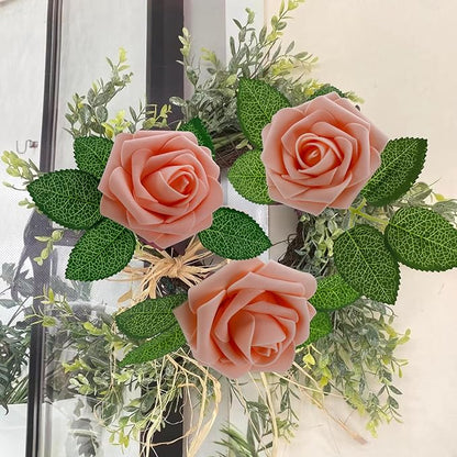 [25PCS] Pink Roses Artificial Flowers with Long Stem Real Touch Ivory Fake Foam Roses for Decoration DIY Wedding Bouquets Centerpieces Bridal Shower Flower Arrangements Home Decor