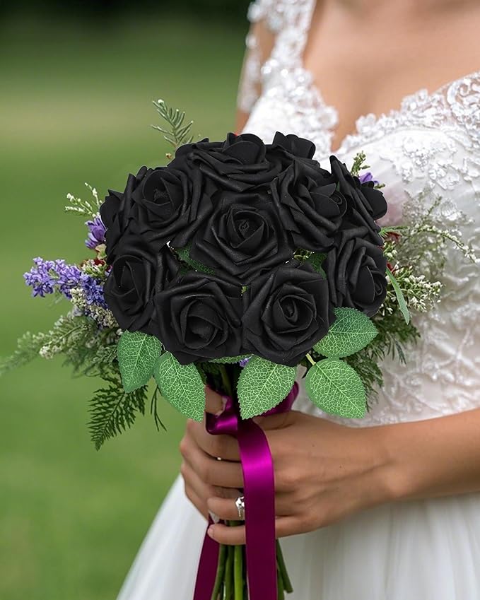 DuHouse 50Pcs Artificial Roses Flowers Fake Roses with Stems Real Touch Foam Flowers for DIY Wedding Bouquet Baby Shower Centerpiece Floral Arrangement Party Home Decor(Black)