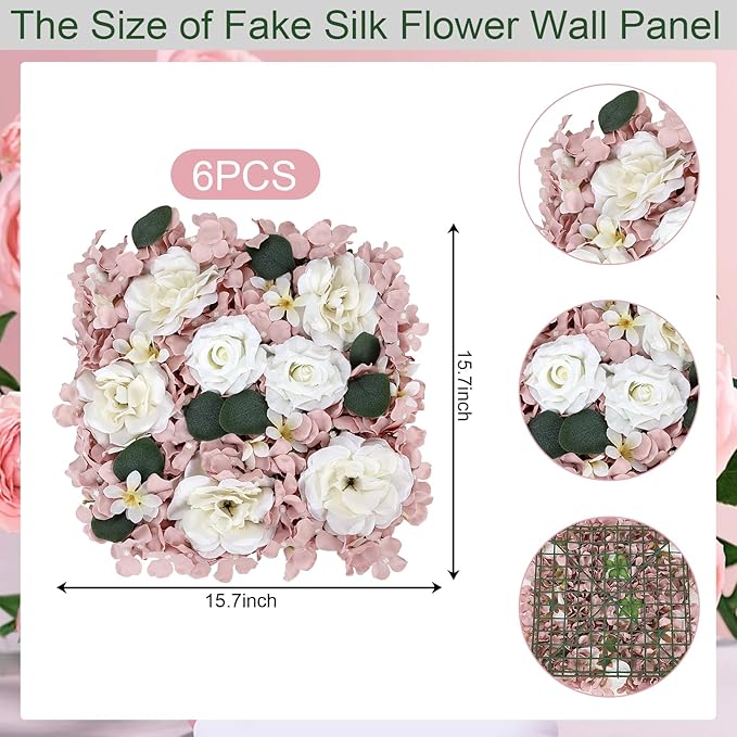 Pack of 6 Artificial Silk Flower Panels, Faux Floral Wall Background for Wedding Party Engagement Bridal Shower Arrangement Home Decorations - Dusty Pink & White