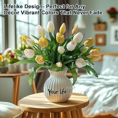 20PCS Fake Tulips Artificial Tulip Silk Flowers Fake PU Bouquet Artificial Flowers Faux Flowers with Gift Box Soft Faux Tulips Bouquets Arrangements for Party Wedding Home