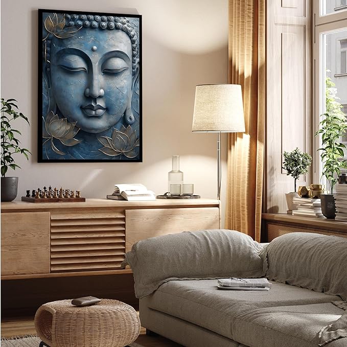 Canvas wall art Golden lotus crown Serene Buddha poster Ethereal blue toned art with delicate floral decor Zen wall art for a tranquil meditation space 24x36in Metal blackFramed