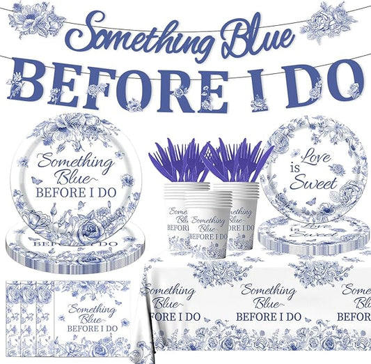 142PCS Something Blue Before I Do Bridal Shower Decorations Bridal Shower Party Favors for 20 Guests Blue Floral Plates and Napkins Tableware Set for Wedding Engagement