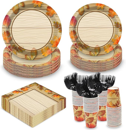 Fall Thanksgiving Birthday Party Plates and Napkins Decorations Kit, Wooden Grain Maple Leaf Tableware Supplies for Birthday Leaves Favors Party Decor Service 24 Guests