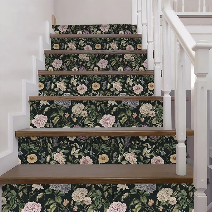 HeloHo Vintage Floral Peel and Stick Wallpaper Boho Contact Paper Dark Flower Self-Adhesive Removable Wallpaper Renter Friendly Botanical Wall Paper for Cabinets Bedroom Vinyl Rolls 17.3"x78.7"