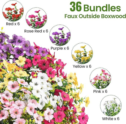 36 Bundles Artificial Flowers for Outdoor Indoor Garden Home Decoration, Look Real for Front Door Porch Patio Yard Balcony, Faux Flower Daisy with Eucalyptus Leaves Fake Plants, 6 Colors