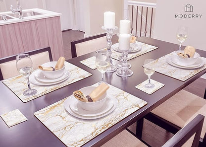 Set of 4 Heat Resistant Cork Placemats for Dining Table with Free Set of 4 Matching Drink Coasters Marble Design 16 x 12 Inches Cork Backed Hard Placemats (Foiled Gold)