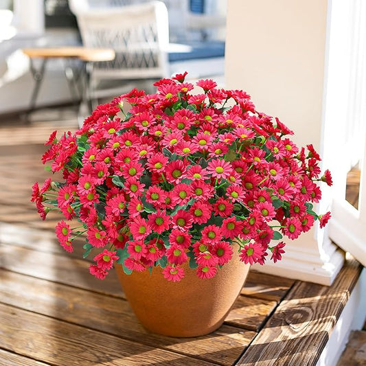 Daisy Artificial Flowers for Outdoors Summer Fall Decor, 6 Bundles Fake Mums Silk Flowers for Outside Look Real UV Resistant Fake Plants Faux Flowers for Planter Front Door Home Indoor Porch, Hot Pink