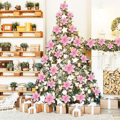 WILLBOND 24 Pcs 3 Size Poinsettia Flower Artificial Christmas Decor Glitter Poinsettia Christmas Ornaments Faux Flowers for Xmas Tree Outdoor(4/6/7.9 Inches,Pink)