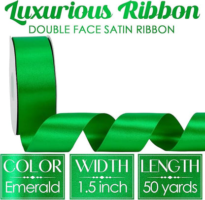 MEEDEE Satin Ribbon - Emerald Green, 1-1/2 Inch, Double Faced, 50 Yards for Christmas, Crafts, Weddings, Flowers, Holidays