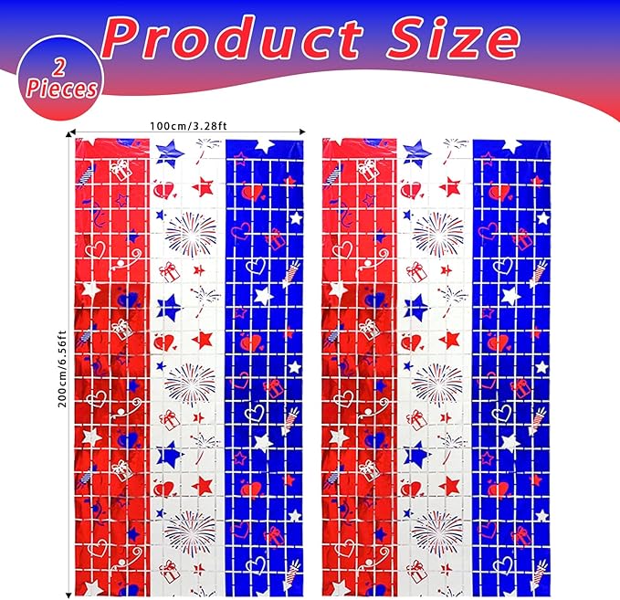 4th of July Decorations, 2 Packs 3.3x6.6ft 4th of July Photo Backdrop Streamer，Red White and Blue Tinsel Foil Fringe Curtains for Independence Day, America Patriotic, Memorial Day, Labor Day