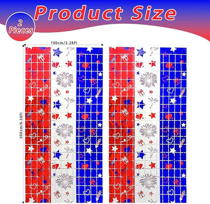 4th of July Decorations, 2 Packs 3.3x6.6ft 4th of July Photo Backdrop Streamer，Red White and Blue Tinsel Foil Fringe Curtains for Independence Day, America Patriotic, Memorial Day, Labor Day