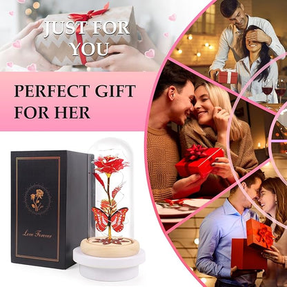 Beferr Christmas Rose Gifts for Women Mom Birthday Gifts, Galaxy Glass Rose Forever Preserved Flowers for Delivery Prime Light Up Rose in Glass Dome with Butterfly Xmas Gifts for Grandma Her Wife, Red