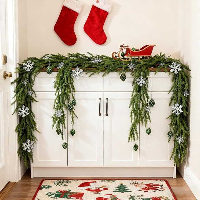 6FT Christmas Garland with Artificial Norfolk Pine - Christmas Decorations, Fall Decor, Mantle, Norfolk Greenery for Fireplace,Table,Window,Stairs,Mante,Holiday Indoor Outdoor Xmas Decor