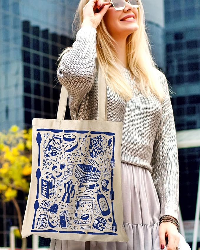 Aesthetic Canvas Tote Bag with Pattern for Women, Funny Groovy Blue Doodle Western Food Art Style Design, Casual Cloth Cotton Totes Bag for Vacation, Shopping, Grocery, Gym