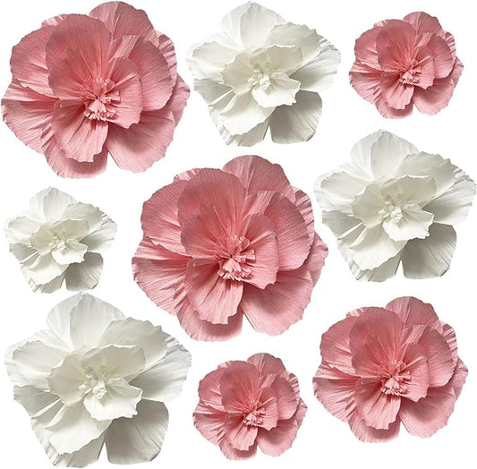 BRT Bearingshui Crepe Paper Flowers Decoration for Wall Total 9 Pcs, Artificial Flowers Backdrop for Wedding Decor Baby Bridal Shower Birthday Party, Pink and White 3D Wall Flowers Decor