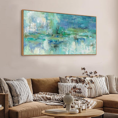 VEAEE Framed Abstract Wall Art - Teal Turquoise Green Colorful Modern Canvas Pictures, Living Room Wall Decor, Contemporary Landscape Painting Prints for Bedroom Bathroom Office Decor 24" x 48"