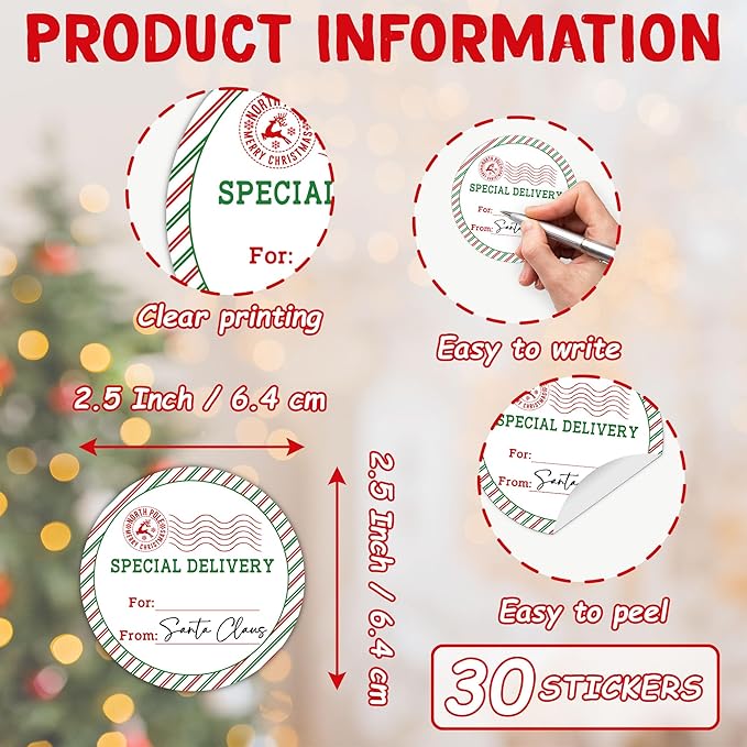 Christmas Gifts Tags Stickers from Santa, 30 Pcs Christmas Name Tags for Gifts, 2.5x2.5 Inch Holiday Presents Sticker Labels, Festive Chrismas Name Tag for Gift Wrapping Bags Classroom-D06