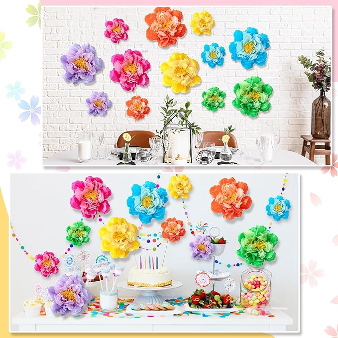 MotiMind 12 Pcs Large Colorful Tissue Paper Flowers 20" 10'' Giant Fiesta Paper Flowers Mexican Pom for Carnival Party Wall Backdrop Decoration Wedding Birthday(Bright Color)