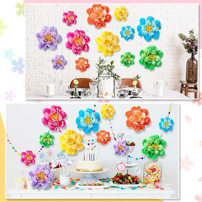 MotiMind 12 Pcs Large Colorful Tissue Paper Flowers 20" 10'' Giant Fiesta Paper Flowers Mexican Pom for Carnival Party Wall Backdrop Decoration Wedding Birthday(Bright Color)