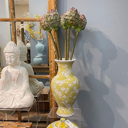 Galt International 14” Hand Painted Chinoiserie Ceramic Vase – Antique Style Porcelain Flower Bottle by Galt International, Fishtail Chinese Vase for Home Decor & Centerpiece - Yellow and White Sakura