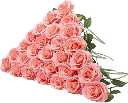 30pcs Artificial Rose Flower Coral Peach Flower with Long Stem Silk Roses Bouquet for Wedding Bridal Shower Party Home Decoration