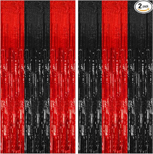 2 Pack Black and Red Party Backdrop Streamers Decorations Foil Fringe Curtains Metallic Tinsel Backdrop for Birthday Halloween Christmas New Year Fancy Ball Graduation Party Decor