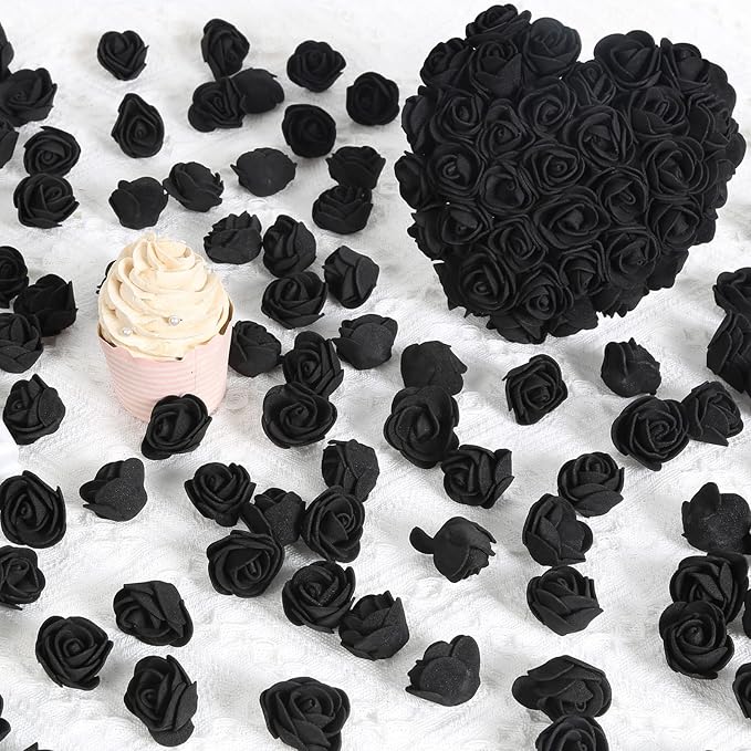 INSUNSIXMini Foam Rose Heads 500PCS Black Artificial Flower Foam Fake Flower Bulk for DIY Crafts Wedding Bouquets Baby Shower Centerpieces Floral Arrangements Party Tables Home Decorations(Black)
