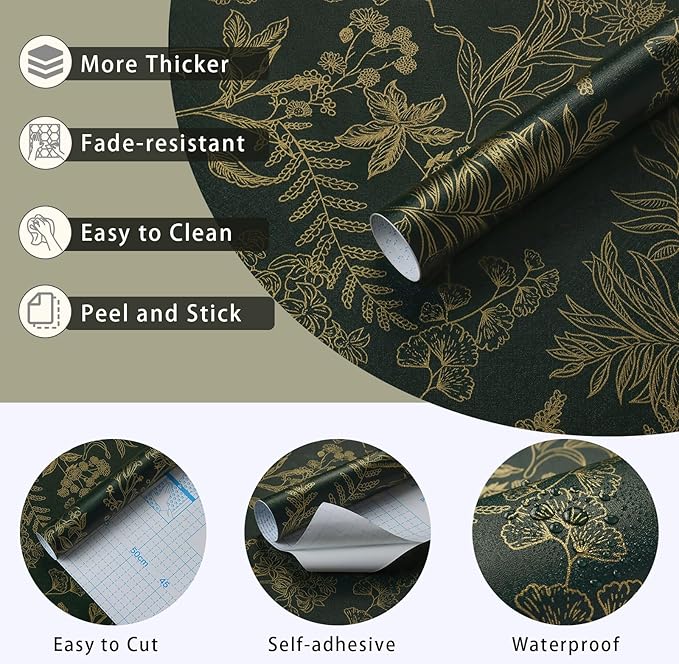 Peel and Stick Wallpaper Dark Green and Gold Floral Wallpaper Vintage Flower and Leaf Contact Paper for Cabinets Self-Adhesive Removable Wallpaper for Bedroom Bathroom Kitchen 197"x17.3"