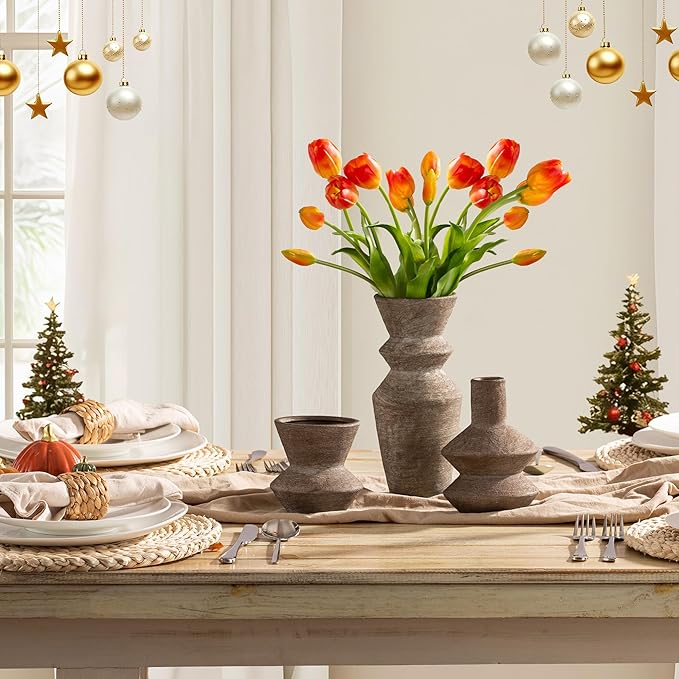Ceramic Vase Home Table Decor - Brown Flower Vase Set of 3 Living Room Kitchen Decorations Farmhouse Modern Rustic Vases Decorative Centerpiece for Shelf Bedroom Office Bathroom Dining Coffee Desk