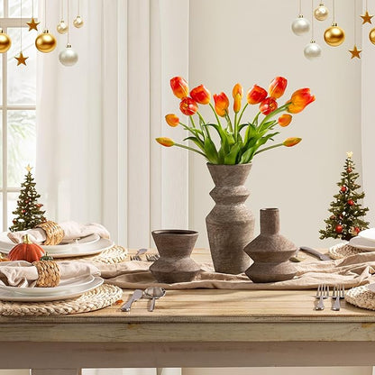 Ceramic Vase Home Table Decor - Brown Flower Vase Set of 3 Living Room Kitchen Decorations Farmhouse Modern Rustic Vases Decorative Centerpiece for Shelf Bedroom Office Bathroom Dining Coffee Desk