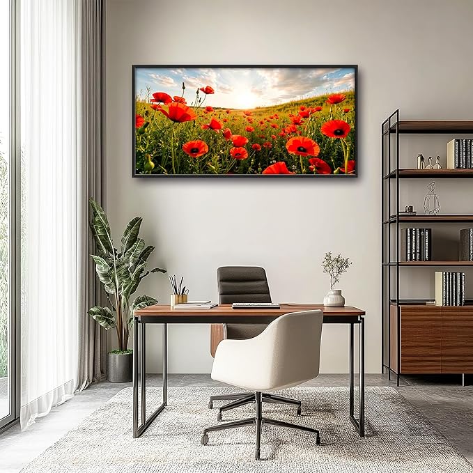 Framed Large Pictures Wall Art for Living Room, Red Poppies Flower Oversized Wall Decor Poppy Floral Nature Scenery Canvas Print Painting Extra Large Framed Artwork for Bedroom Office 60"x30"