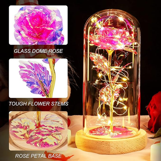 Beferr Mom Birthday Gifts for Women, Galaxy Glass Rose Forever Preserved Flowers for Delivery Prime Light Up Rose in Glass Dome Christmas Rose Gifts for Her Wife Daughter Friends, Pink