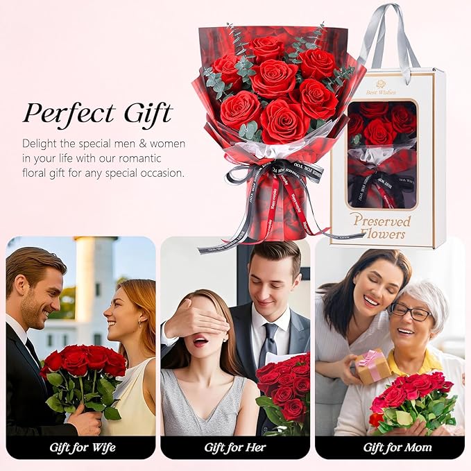 Preserved Flowers Bouquet 7 Roses - Red Real Rose & Flowers for Delivery, Long-Lasting Flower with Gift Box, Eternal Roses Bouquet for Mothers, Mom, Wife, Anniversary Birthday Gifts for Women