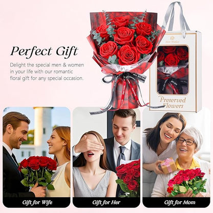 Preserved Flowers Bouquet 7 Roses - Red Real Rose & Flowers for Delivery, Long-Lasting Flower with Gift Box, Eternal Roses Bouquet for Mothers, Mom, Wife, Anniversary Birthday Gifts for Women