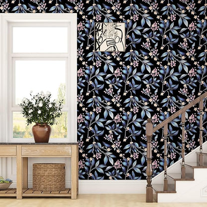 Dark Peel and Stick Wallpaper Vintage, Black Blue Leaf Removable Self-Adhesive Vinyl Contact Paper for Bathroom Bedroom Drawer Cabinet, Black Navy Gold Floral Design Retro Style 17.5" x 118"