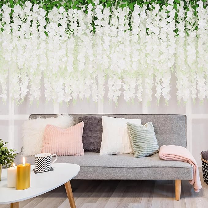 Yastouay 28 Pcs Wisteria Hanging Flowers, 3.77 Ft/Pcs Artificial Hanging Flowers, White Fake Wisteria for Wedding Party Backdrop Wall Home Decoration