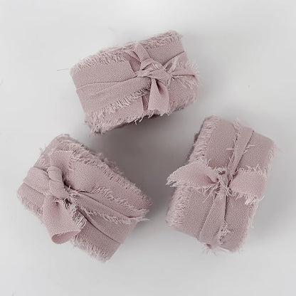 MEEDEE Dusty Rose Chiffon Ribbon 1 Inch Fringe Ribbons Pink Chiffon Silk Frayed Edge Ribbon Thin Chiffon Ribbons for Crafts, Gift Wrapping, Wedding Invitation (3 Rolls 21 Yards)