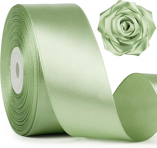 1-1/2 Inch Wide Sage Green Satin Ribbon, 50 Yards Solid Polyester Fabric Ribbon for Roses Making, Gift Wrapping, Christmas, Wedding Decorations, Crafts, Bows