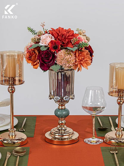 FANKO Artificial Flowers Red Rose, Mixed Fake Silk Flowers Combo Gradient Orange & Champagne Rose Burnt Orange Dahlia Chrysanthemum Vintage for DIY Wedding Bridal Bouquets, Home Decor