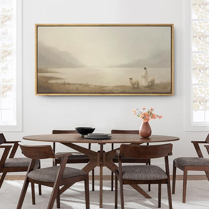 SIGNFORD Extra Large Framed Canvas Print Wall Art Pastoral Scene with Shepherd and Sheep by Lake Illustrations Modern Art Relax/Calm Warm for Living Room, Bedroom, Office - 60"x30"